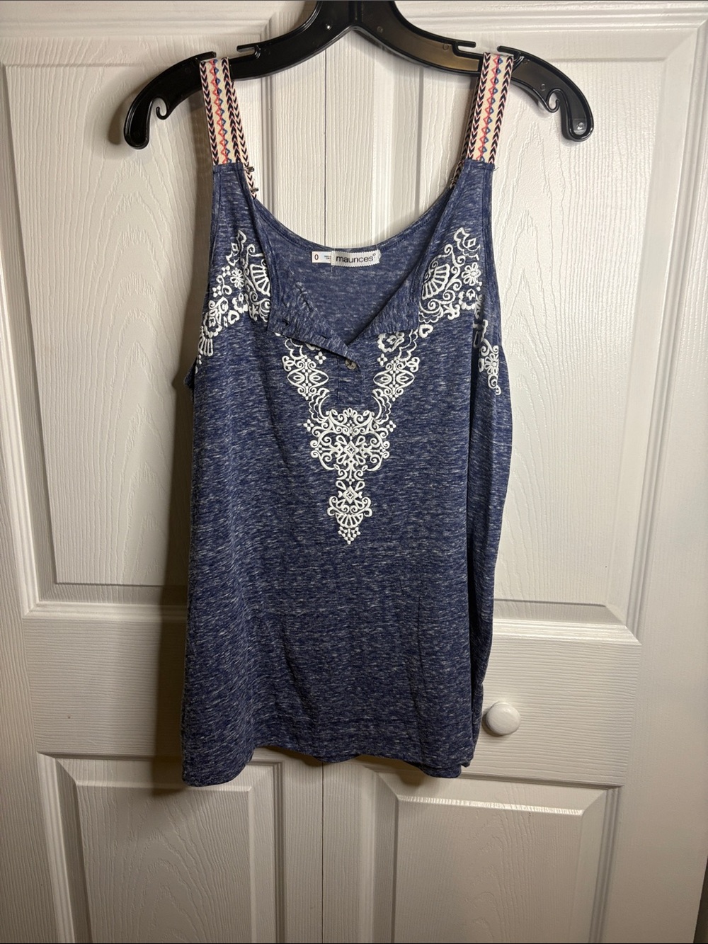 Maurices Navy Blue Sleeveless Tank with White Embroidered Front